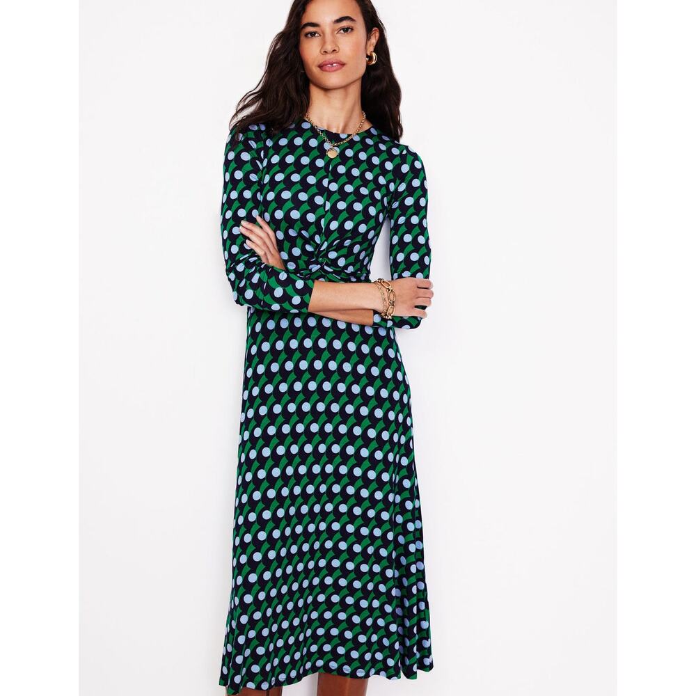 Boden Twisted Waist Jersey Midi Dress in Navy Polka Wave Size 6